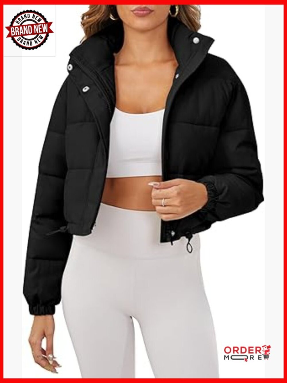 Cropped Puffer Jacket Long Sleeve Puffy Coat Stand Collar Zip Up Quilted Padded
